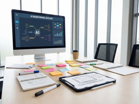 Designer, Creative and AI Brainstorming Assistant Workspace with Tablet and Notes
