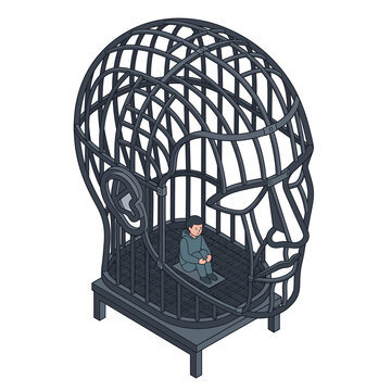 Man Sitting Inside Head Shaped Birdcage Vector Illustration, Mental Imprisonment, Depression, Overthinking, Anxiety, and Isolation Concept