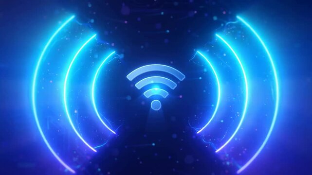Digital Wi-Fi Signal Waves Glowing Blue Neon Lights Abstract Background.