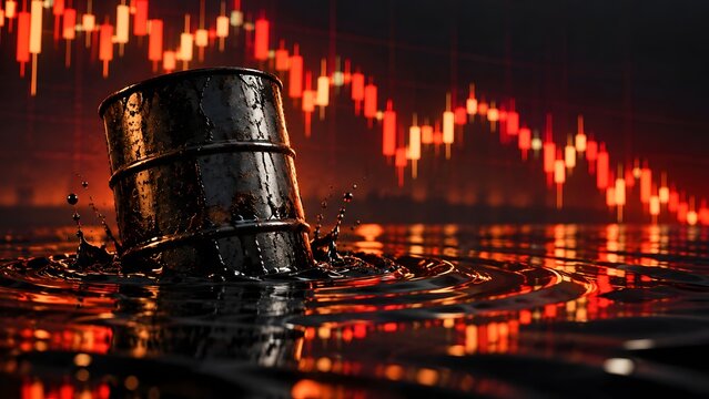 Black oil barrel sinking into a pool of crude oil with downward red stock market candlestick charts indicating a crash in global petroleum prices and energy crisis