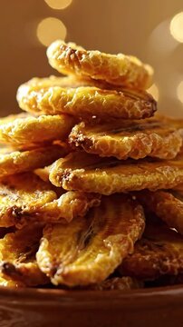 Delicious golden fried plantains close up, a popular african food staple in this african vertical video.