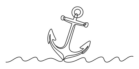 Simple one line drawing of a metal ship anchor with wavy water waves isolated on a white background isolated on transparent background © Digital Illustration