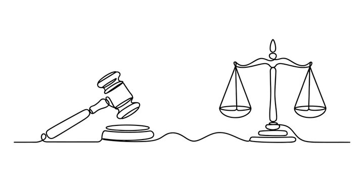 Continuous single line drawing of a judge gavel and scales of justice for legal and law concepts isolated on a white background isolated on transparent background