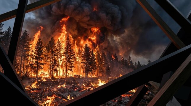Massive wildfire burning through a coniferous forest with large smoke clouds and intense orange flames, framed by dark abstract geometric structural beams in the foreground.