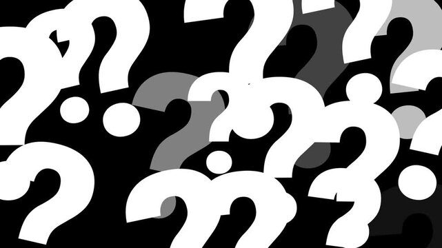 Multiple white question marks rapidly filling the screen in a dynamic transition, symbolizing mystery and uncertainty, transparent background