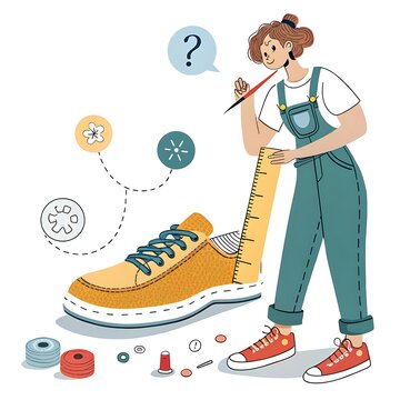 Woman designing a custom sneaker shoe with ruler and decorative sewing elements designer measurement illustration character