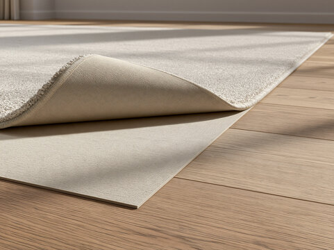 Lifted rug corner revealing underlay on wooden floor