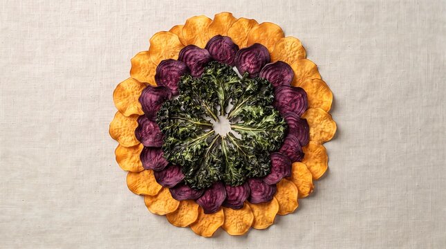 A circular mandala arrangement of crispy dehydrated vegetable chips made with dark green curly kale leaves, deep purple beetroot slices, and golden yellow sweet potato rounds on textured fab