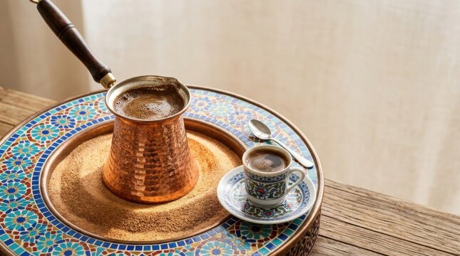 Traditional Turkish coffee prepared in a hammered copper cezve on hot sand, served in a decorative porcelain cup on a mosaic tray atop a wooden table, authentic brewing method.