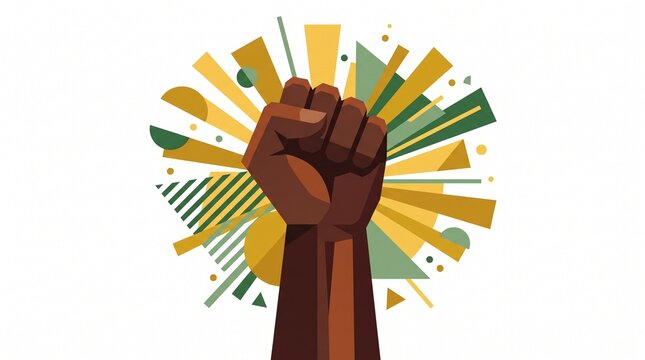 Raised fist symbol of power and unity with abstract geometric shapes