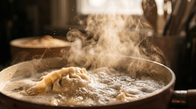 Dumplings boiling in a pot with steam rising in a kitchen setting for Lunar New Year
