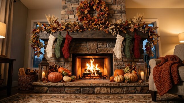 Cozy fireplace decorated for autumn with pumpkins and stockings for Thanksgiving