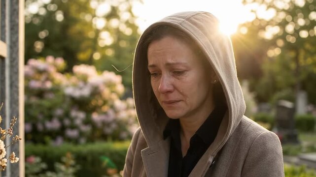 Grieving woman in hooded coat crying at columbarium with dried flowers in sunset cemetery. Close-up of mourning face with tears. Loss, grief and funeral mourning concept