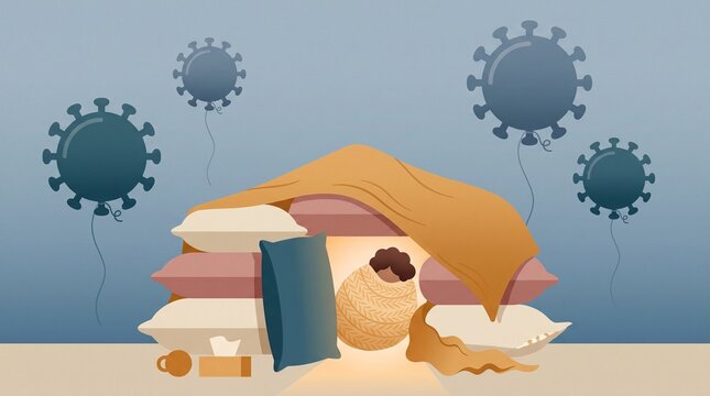 Cozy blanket fort with pillows and COVID-19 virus illustrations - Cold season