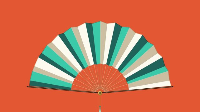 Traditional Asian Folding Hand Fan Opening And Closing Against A Vibrant Red Background In Minimalist Vector Animation