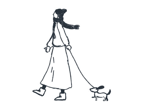 犬の散歩をする女性の線画イラスト