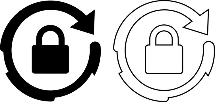 Vector illustration features a padlock surrounded by a circular reload arrow in both black silhouette and outline icon styles, symbolizing security updates, password reset and continuous protection.