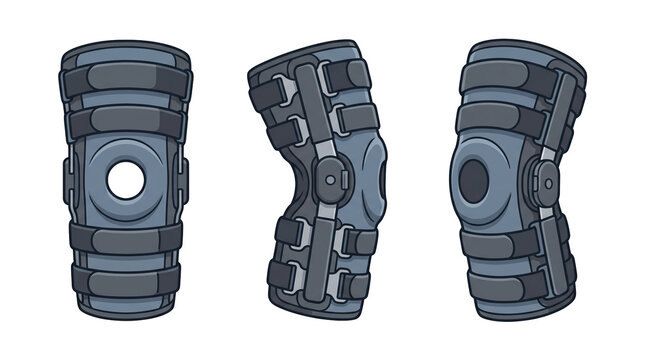 Orthopedic knee brace - 3 angles of support. Orthopedic medical knee brace support in 3 angles vector illustration isolated on transparent background for physical therapy and joint protection