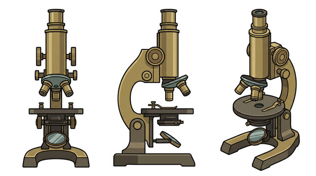 Vintage brass microscope - 3 angles. Antique vintage brass microscope scientific tool in 3 angles vector illustration isolated on transparent background for science and laboratory