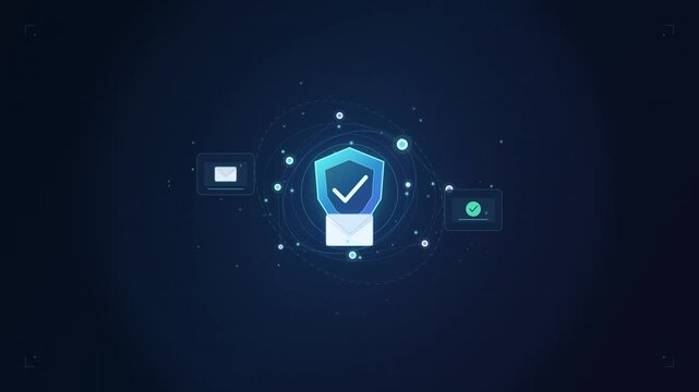 Cybersecurity icons with shield and checkmark on dark blue background