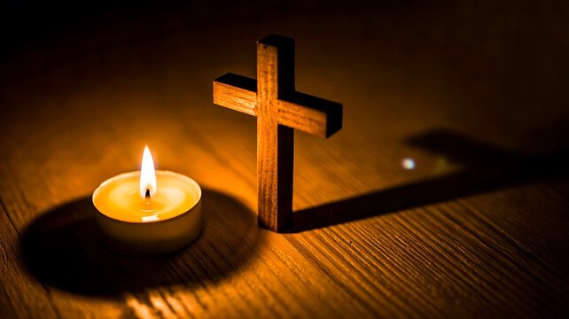 Wooden cross and burning candle on a table in warm light