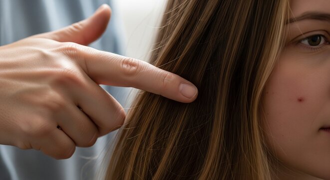 Close-up of a woman pointing at her split ends and damaged hair