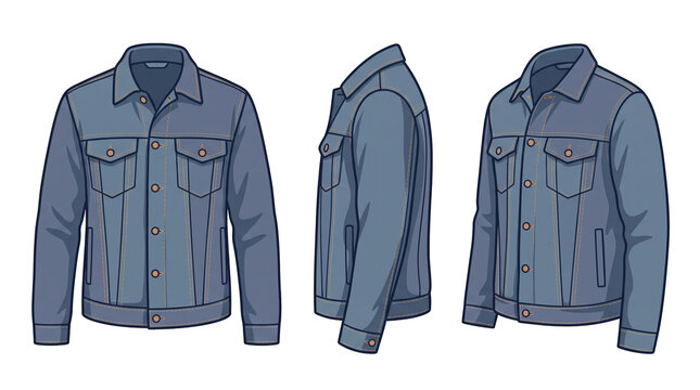 Classic denim jacket - 3 angles of clothing. Blue denim jacket outerwear in 3 angles vector illustration isolated on transparent background for casual fashion and clothing apparel