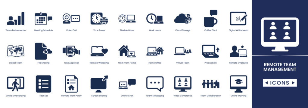 Set of 24 remote team management icons featuring video conferencing, task tracking, virtual onboarding, and online collaboration tools for digital workspaces