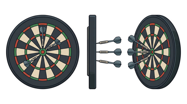 Dartboard with darts - 3 angles of game set. Traditional dartboard with darts set in 3 angles vector illustration isolated on transparent background for pub games and recreation sports