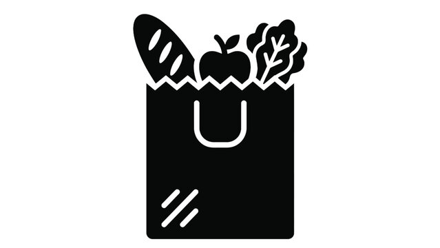 Minimalist black grocery bag icon silhouette containing fresh healthy food items like bread