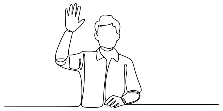Young man waving hand in a simple continuous line drawing style