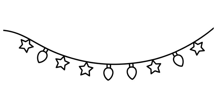 Black outline drawing of a hanging string of christmas lights with stars and bulbs