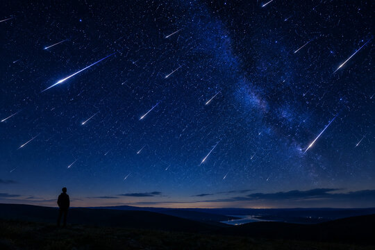 Night sky with meteor streaks above dark landscape, astronomy and wonder concept