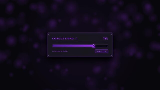 Premium 4K UI animation of a dark fantasy alchemical flask loading bar, featuring a true JavaScript vapor particle engine, dynamic SVG potion flask, and organic viscous boiling transitions during the