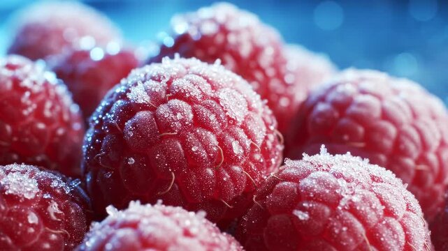 Close-up of frozen raspberries with ice crystals, showcasing fresh, healthy, and delicious berries.
