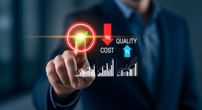 Strategic Business Optimization Businessman Touching Virtual Interface for Cost Reduction and Quality Improvement ideal for corporate presentations and financial management.