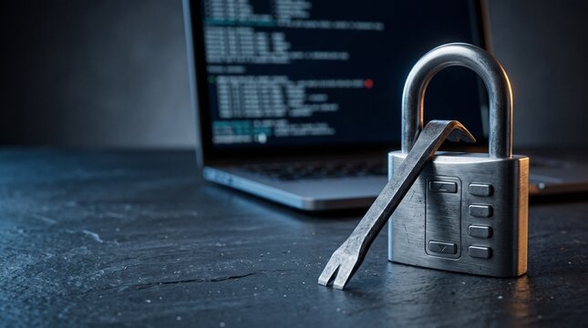 Cybersecurity padlock with a metal crowbar resting on it and a laptop displaying code in the background, computer security concept