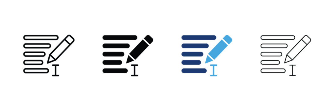 Copywriting icon set. Text paragraph lines with pencil and cursor Icons. Outline, Glyph, two-tone and editable stroke vector illustration.