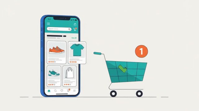 2D flat vector animation of online mobile shopping app with product adding to digital cart