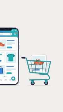 2D flat vector animation of smartphone ecommerce app adding shoe product to shopping cart. Vertical video
