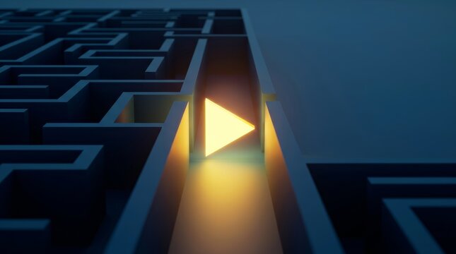 Abstract representation of problem-solving with a yellow triangle exiting a blue maze.
