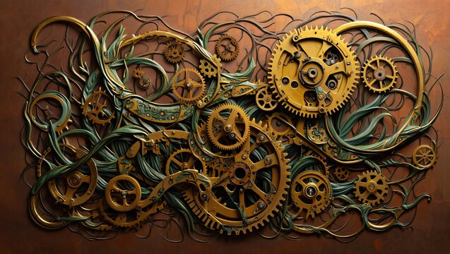 Intricate steampunk gears and organic vines wall art, brass and gold clockwork mechanism with teal tendrils on rusty background, biomechanical fantasy digital art