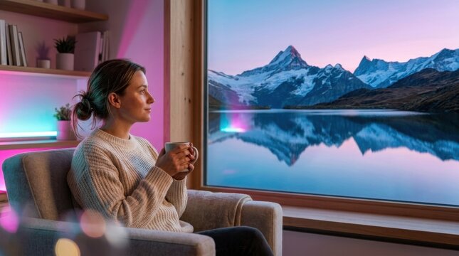Young woman in profile sitting in an armchair with a mug, looking through a large window at a snow-covered mountain range reflected in a calm lake during a purple and pink sunset.