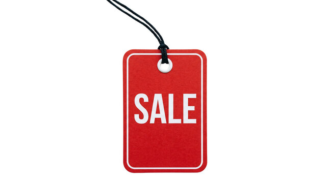 Bright red "SALE" tag with white border and string, isolation, perfect for retail promotions, clearance events and advertising campaigns