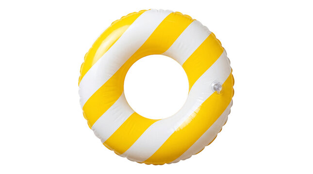 Bright yellow and white striped inflatable swim ring, isolated on white background, perfect for summer vacation, pool parties and beach advertising