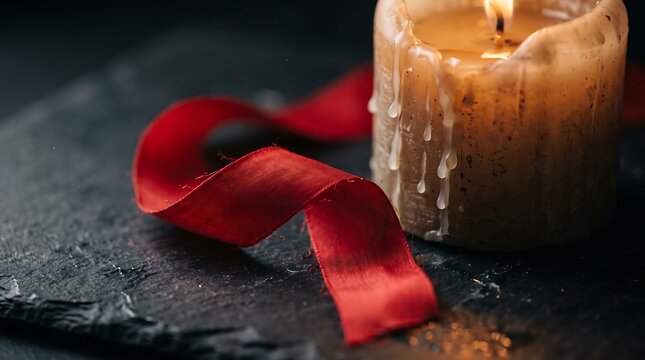 A rustic burning candle with dripping wax sits beside a flowing red silk ribbon on a dark textured slate background for a warm holiday atmosphere.