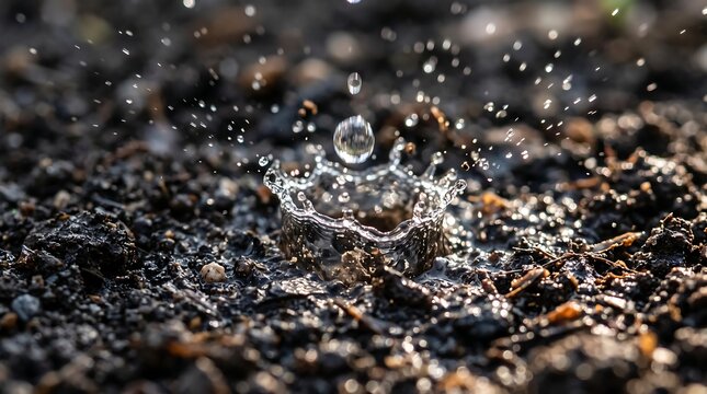A single crystal clear water droplet splashes upon dark wet soil texture creating a crown shape with floating bokeh particles in a macro nature scene.