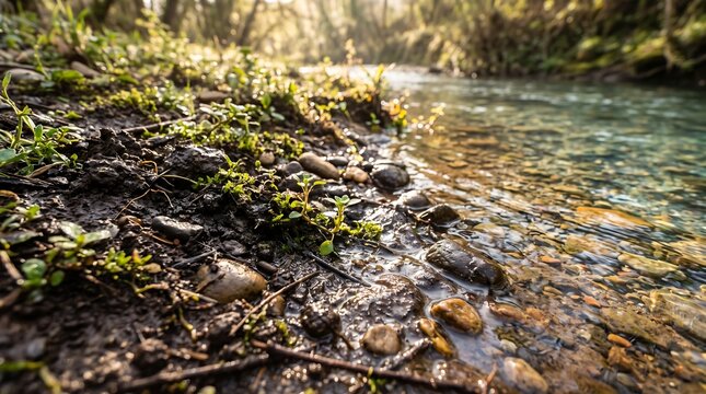 Close up view of a mossy riverbank with smooth wet pebbles and clear flowing water bathed in warm golden hour sunlight in a serene woodland setting.