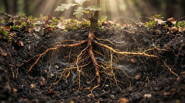 Exposed tree roots spread through dark moist soil under a natural forest canopy with dappled golden sunlight illuminating the subterranean network.