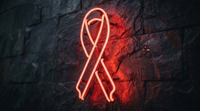 Glowing red neon awareness ribbon mounted on a dark textured brick wall serves as a symbolic centerpiece for charity and global health campaigns.